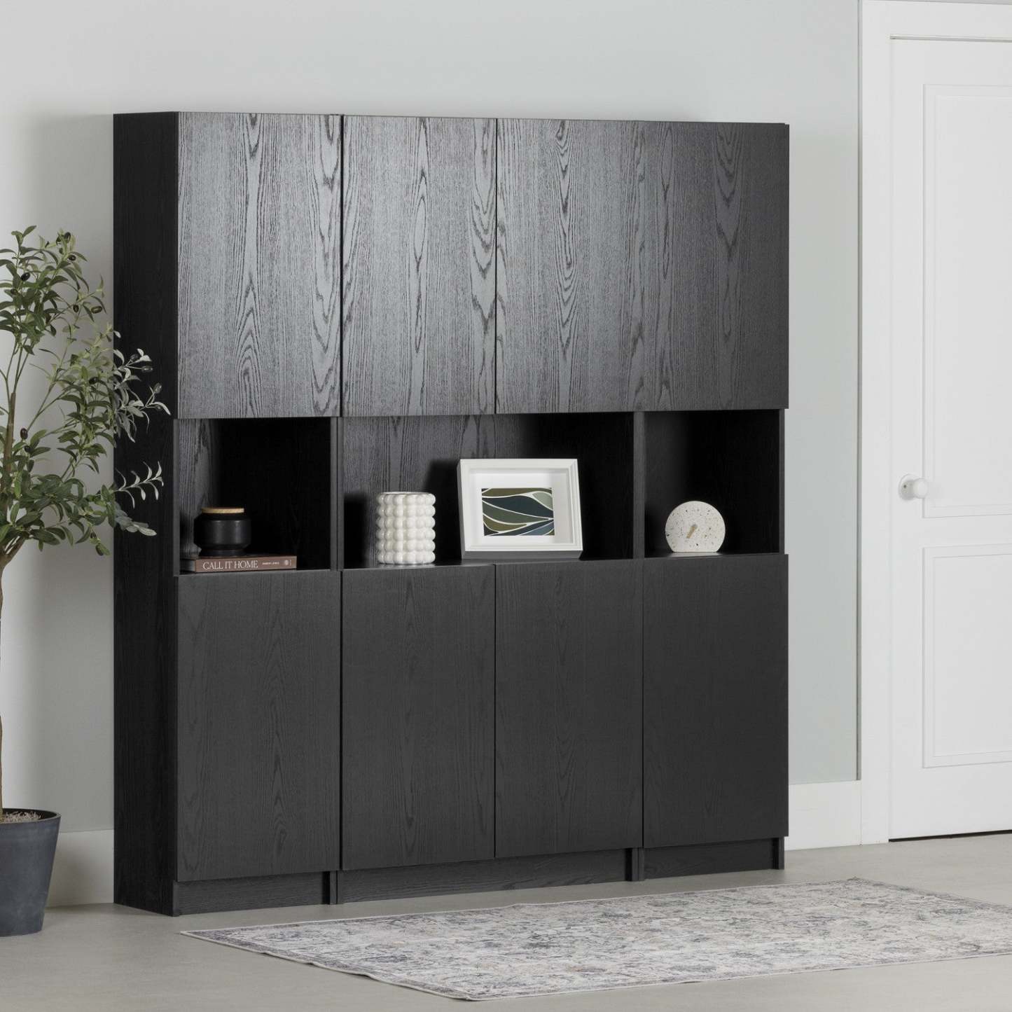 Liora Set Of Bookcase And 2 2-door Narrow Bookcases - Black Oak | Liora Ensemble Bibliotheque Et 2 Bibliotheques Etroites 2 Portes - Chene Noir