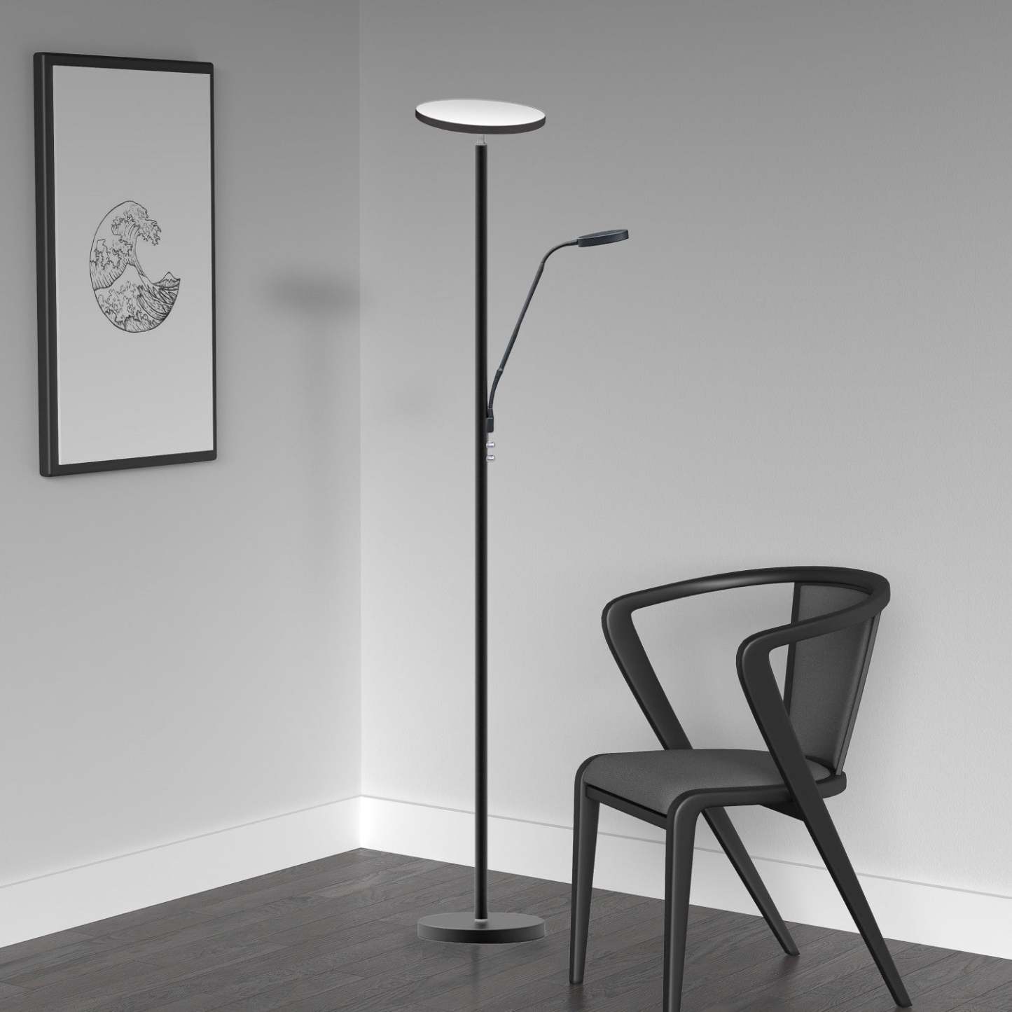 Dainolite Mother And Son LED Lampadaire Sandy Black Finish|Lampe à pied Mother and Son de Dainolite avec fini noir sablé et ampoule à DEL