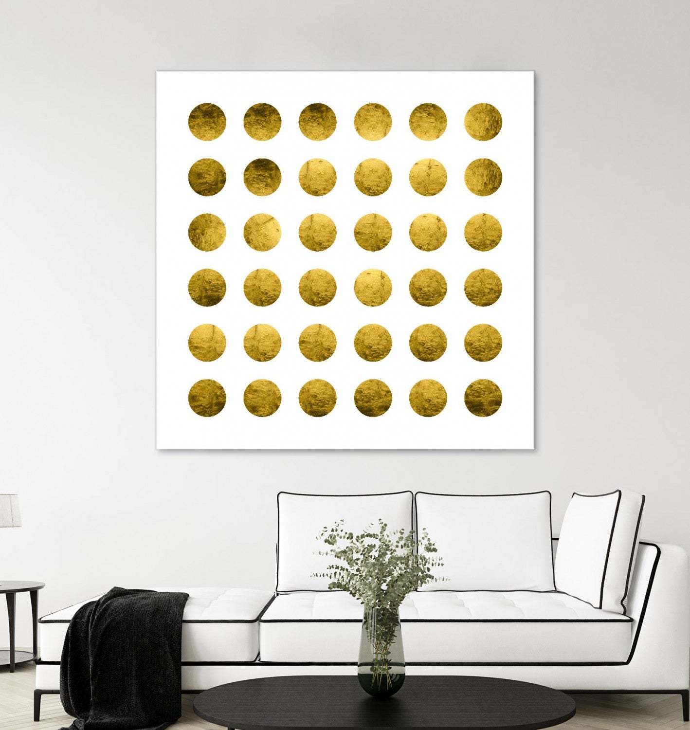 Œuvre d'art murale géante « Golden Spots White » 72 x 72