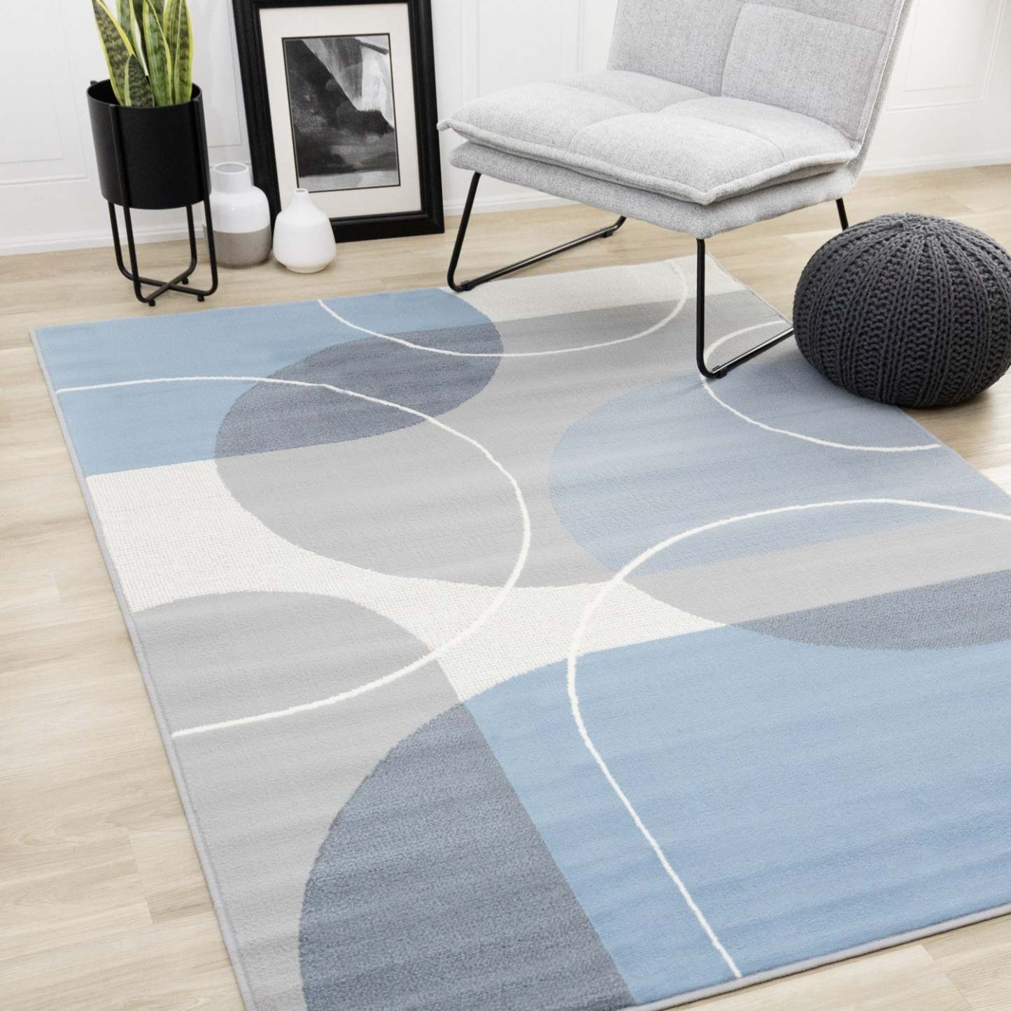 Forte Blue Grey White Half-Circles Geometric Area Rug - 5'3 x 7'5|Tapis géométrique en demi-cercles bleu, gris et blanc Forte - 5 pi 3 po x 7 pi 5 po