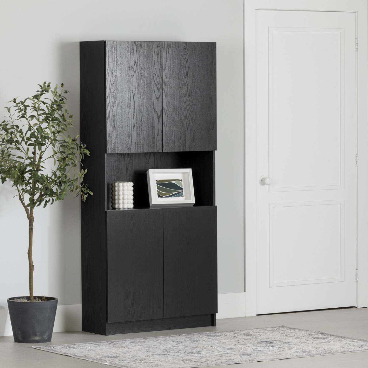 Liora 4-door Bookcase With Open Storage - Black Oak | Liora Bibliotheque 4 Portes Et Rangement Ouvert - Chene Noir