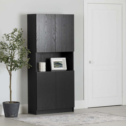Liora 4-door Bookcase With Open Storage - Black Oak | Liora Bibliotheque 4 Portes Et Rangement Ouvert - Chene Noir