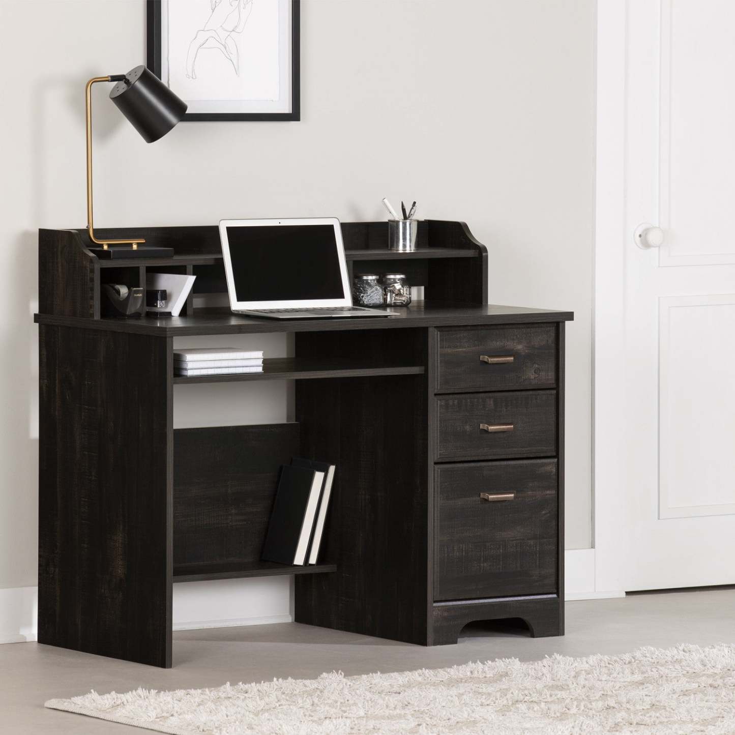 Bureau Versa avec huche - Noir frotté | Bureau Versa avec crédence - noir antique | D83GZ9LB