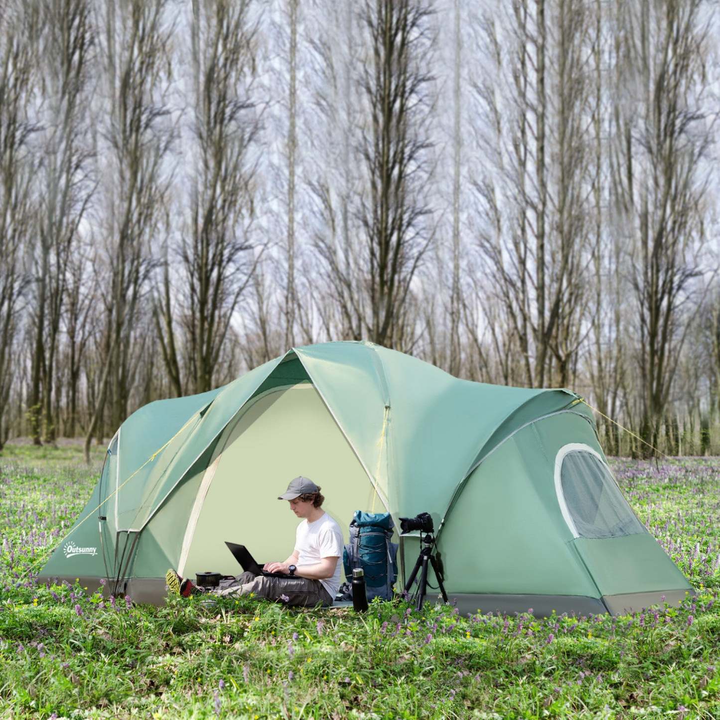 Outsunny Tente De Camping Exterieure 5-6 Personnes, Tente Familiale Avec Crochet Pour Lumière, Vert