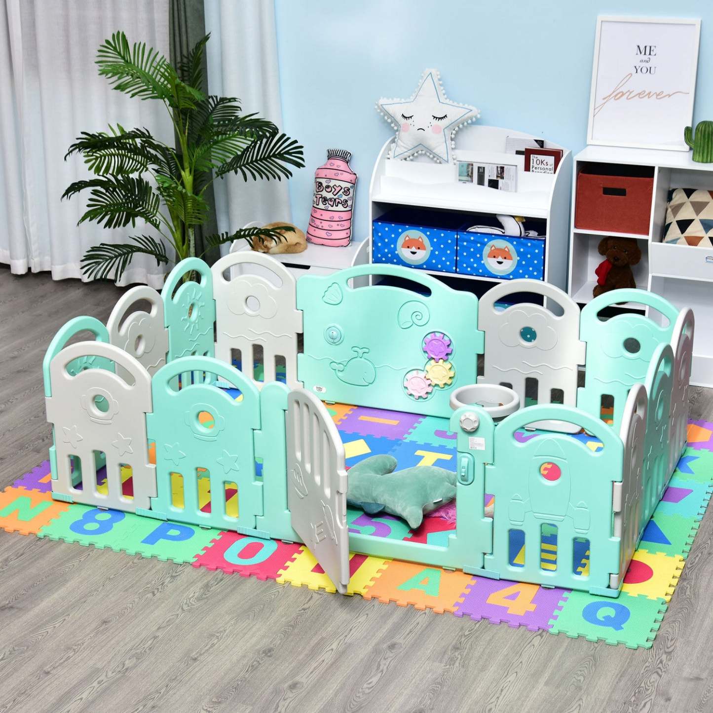 Qaba Baby Enclosure, 14 panneaux parc pour bébé, aire de jeux pour bébé, centre d'activités pour enfants en intérieur et en extérieur, G|Qaba 2.1' parc pour bébé barrière de sécurité pour enfants Mom's Helper sécurité yard clôture pour cen