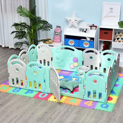 Qaba Baby Enclosure, 14 panneaux parc pour bébé, aire de jeux pour bébé, centre d'activités pour enfants en intérieur et en extérieur, G|Qaba 2.1' parc pour bébé barrière de sécurité pour enfants Mom's Helper sécurité yard clôture pour cen