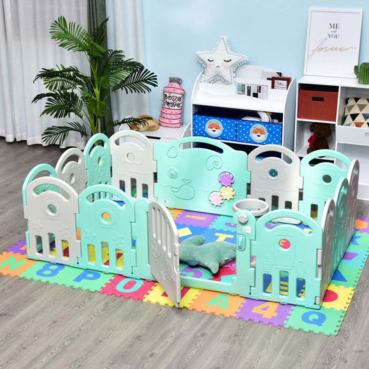 Qaba Baby Enclosure, 14 panneaux parc pour bébé, aire de jeux pour bébé, centre d'activités pour enfants en intérieur et en extérieur, G|Qaba 2.1' parc pour bébé barrière de sécurité pour enfants Mom's Helper sécurité yard clôture pour cen