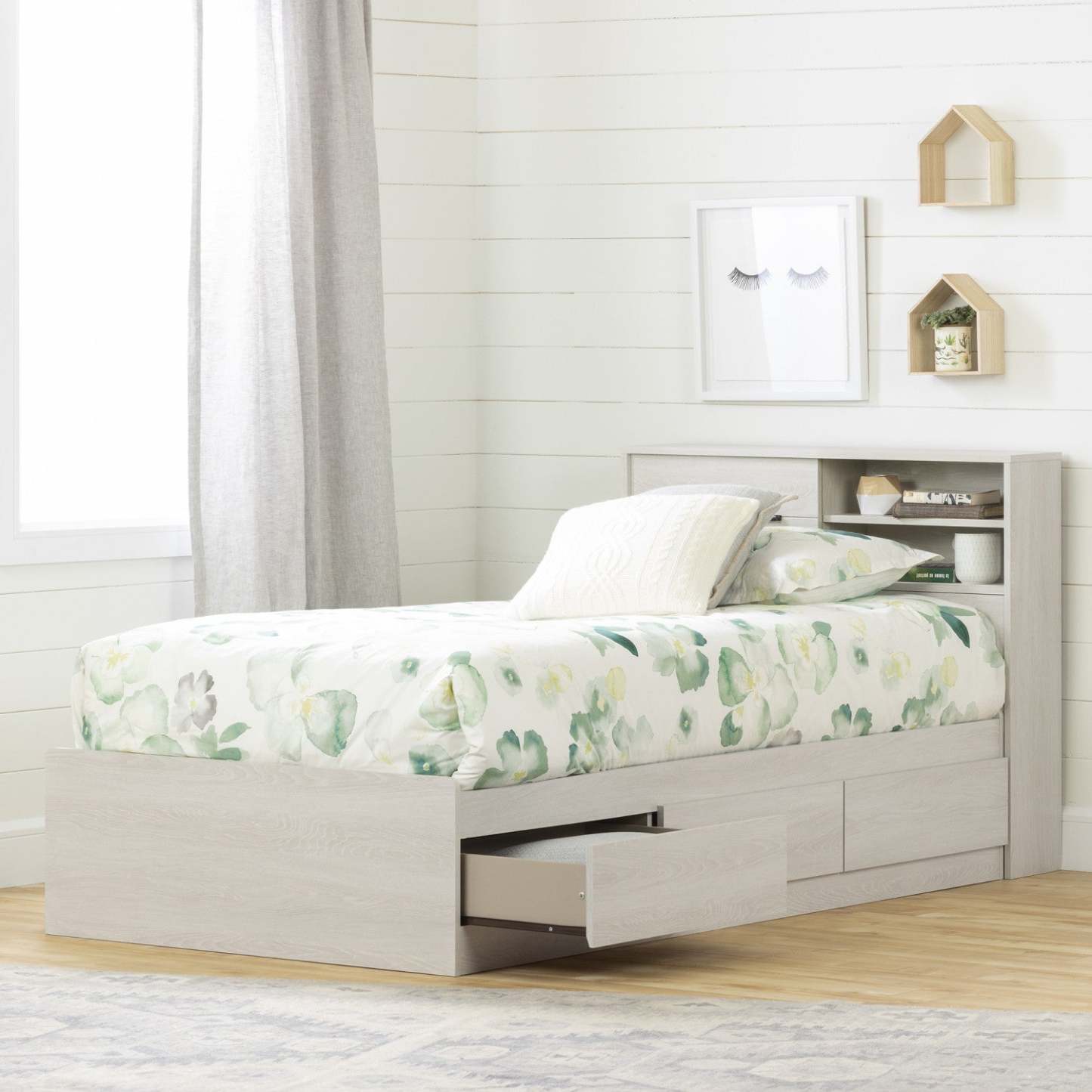 Fynn Storage Bed And Bookcase Headboard Set Winter Oak - South Shore Twin Bed