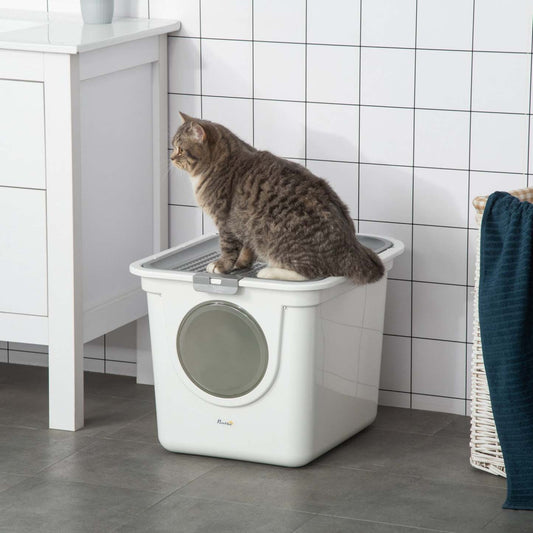 Pawhut Bac à Litière pour Chat, Bac à Litière Fermé avec Entrée Frontale, Sortie Supérieure, Pelle, Toilettes pour Animaux Faciles à Nettoyer pour Chats, Blanc
