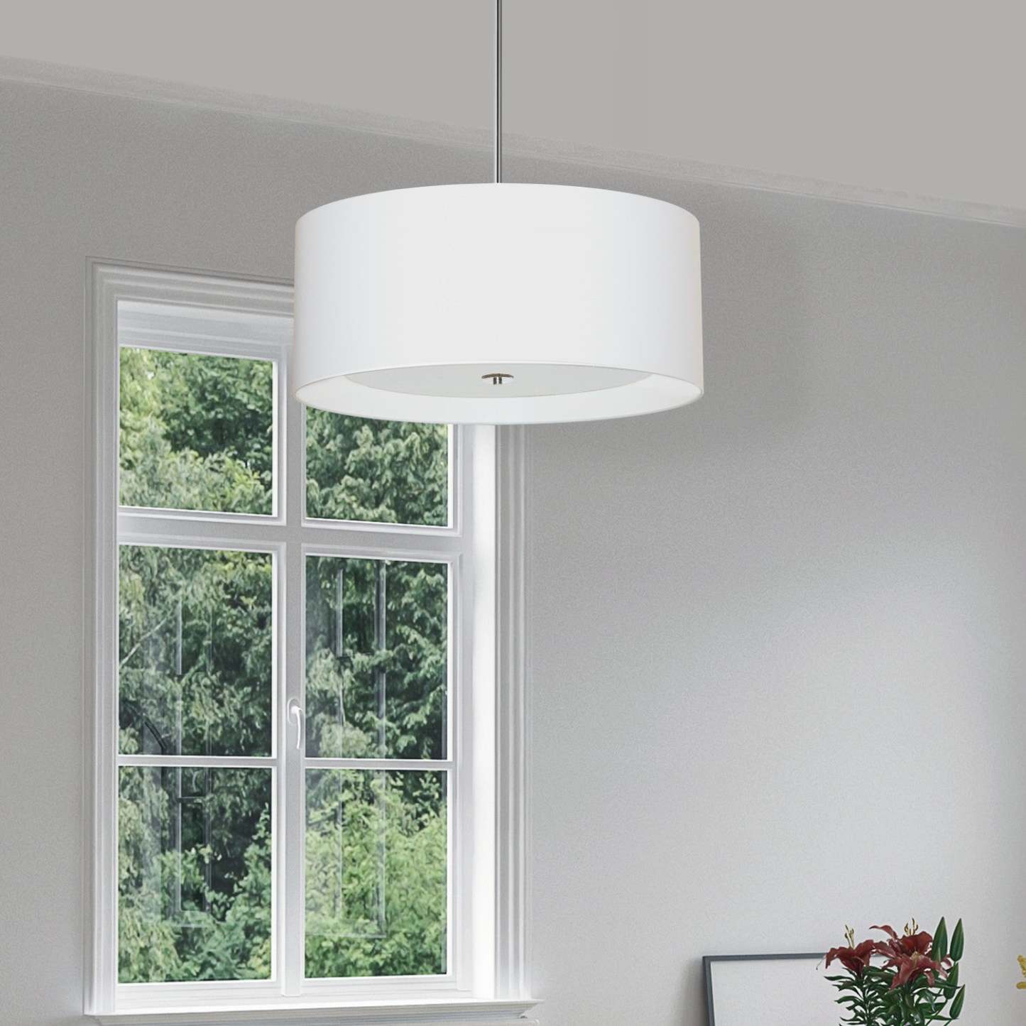 Dainolite Helena 4 Light Pendant 22 Dia Polished Chrome Finish White Shade White Diffuser Lamp|Luminaire suspendu Helena de Dainolite de 22 po de diamètre avec abat-jour blanc qui diffuse la lumière, fini chromé poli et 4 ampoules
