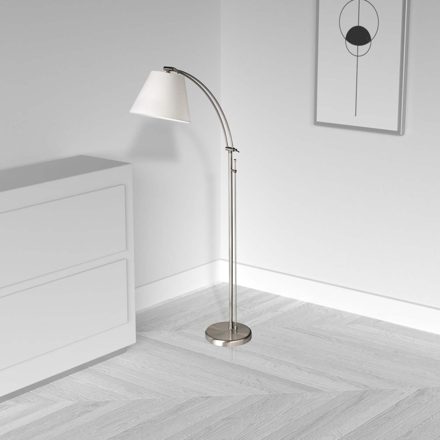Dainolite Felix Adjustable Floor Lamp Satin Chrome White Empire Shade Rotary Dimmer Switch|Lampe à pied Felix réglable de Dainolite avec abat-jour empire blanc, gradateur rotatif et fini chromé satiné