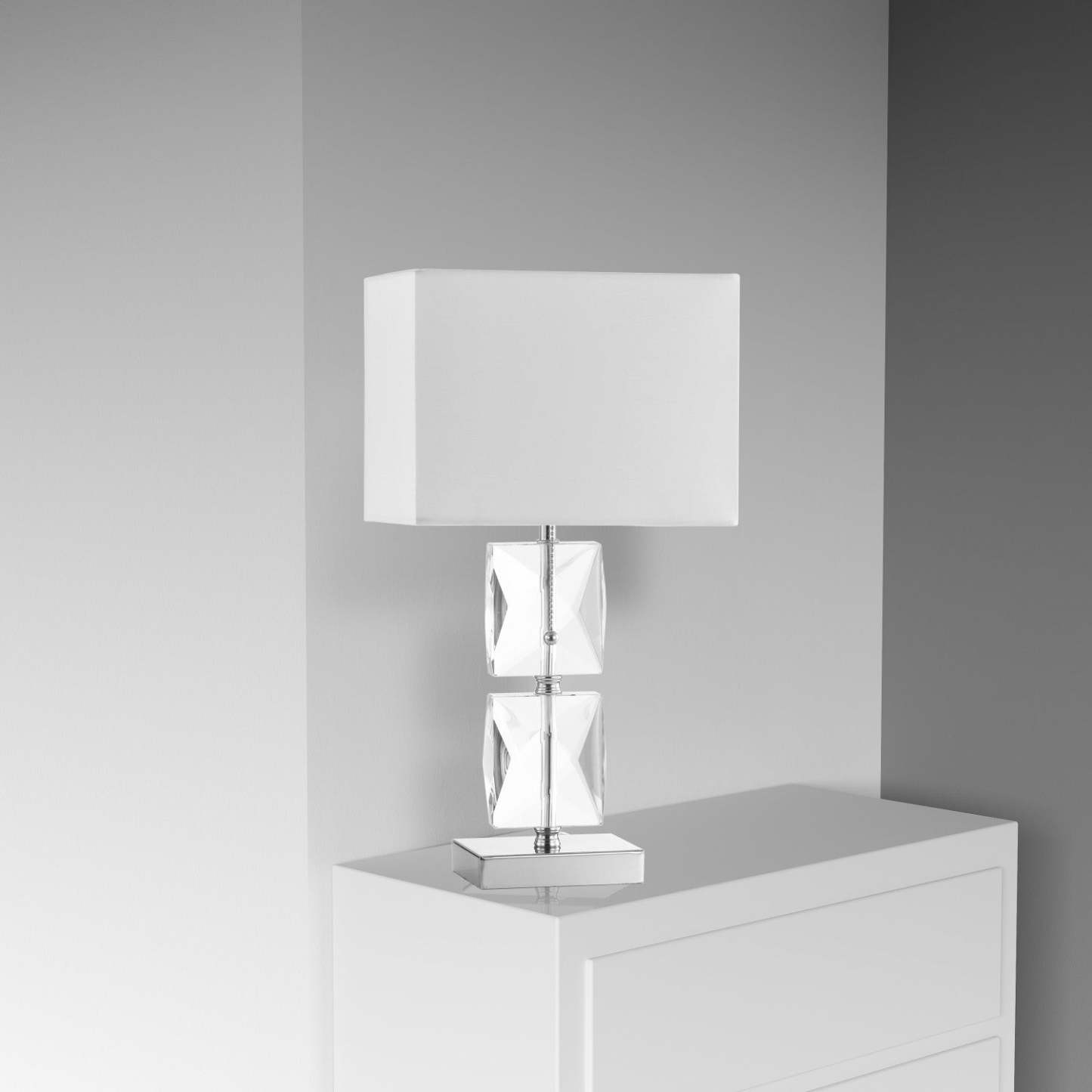 Lampe de table Crystal de Dainolite en cristal de forme carrée, avec abat-jour blanc, finition chromé poli et 1 ampoule