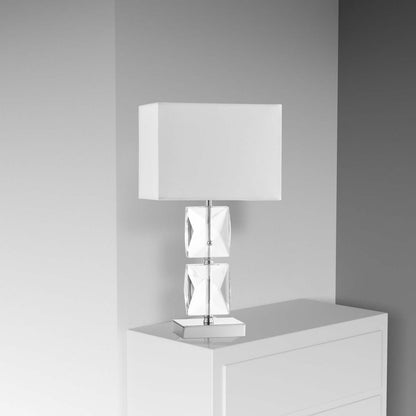Lampe de table Crystal de Dainolite en cristal de forme carrée, avec abat-jour blanc, finition chromé poli et 1 ampoule