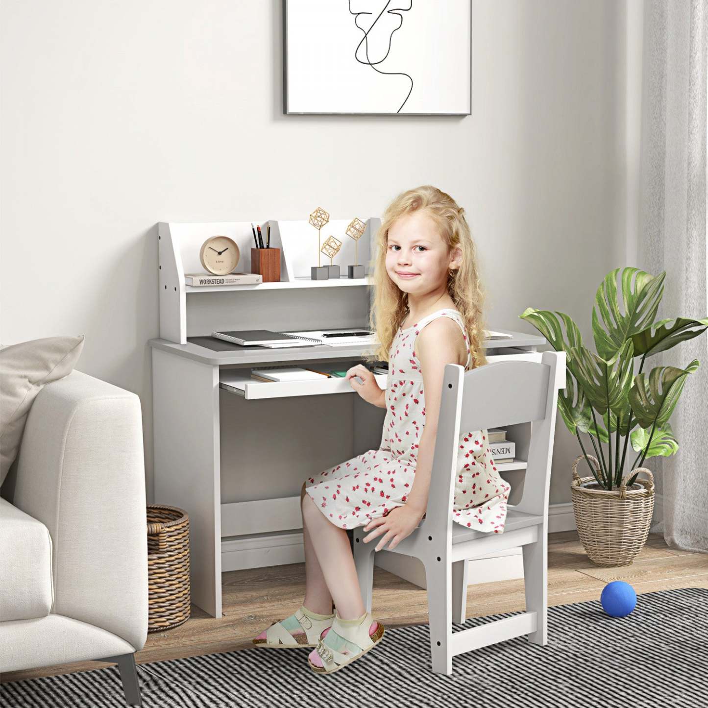 Qaba Ensemble Bureau Et Chaise Pour Enfants De 5 À 8 Ans Avec Rangement, Table D'étude Et Chaise Pour Enfants, Gris