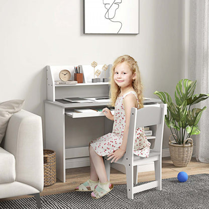 Qaba Ensemble Bureau Et Chaise Pour Enfants De 5 À 8 Ans Avec Rangement, Table D'étude Et Chaise Pour Enfants, Gris