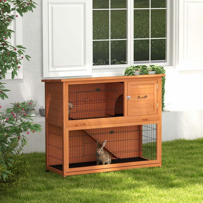 Pawhut Clapier A Lapin En Bois, Cage A Lapin Exterieure A 2 Etages, Plateaux, Rampe, Toit En Asphalt