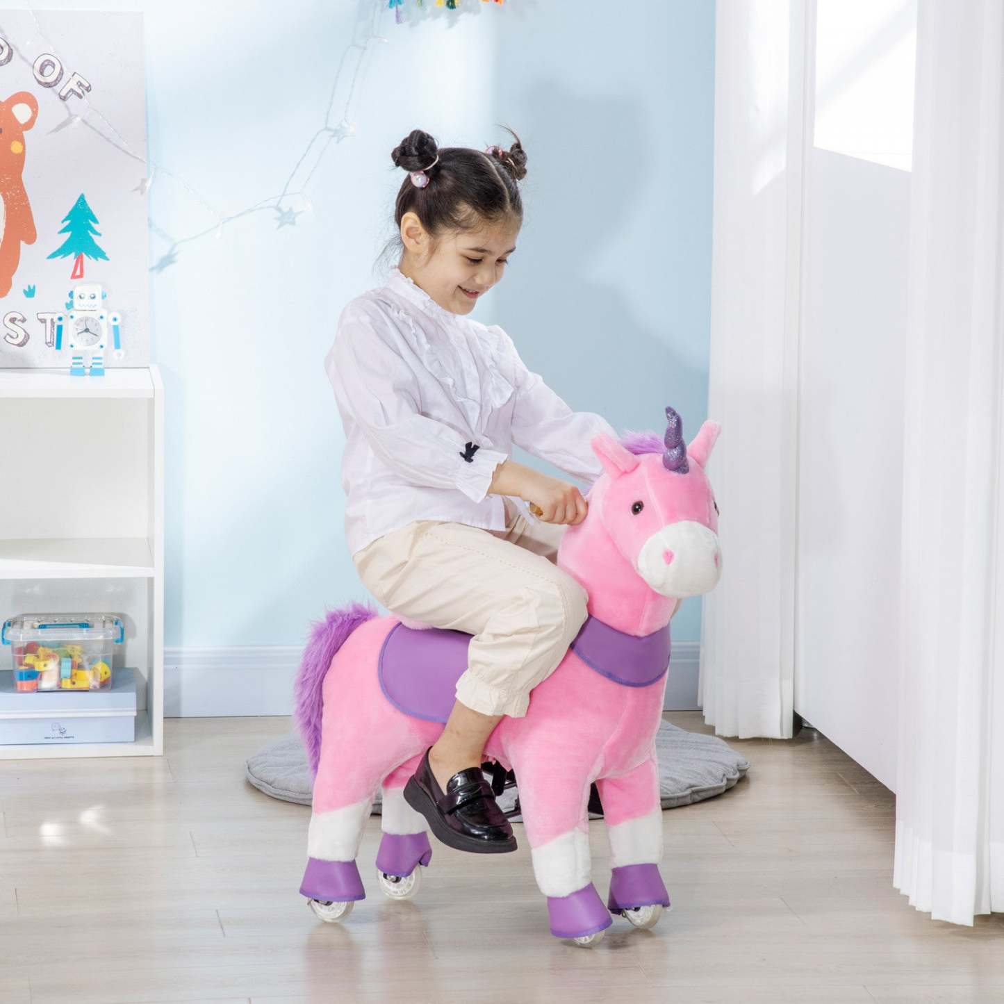 Qaba Cheval A Bascule Mécanique Poney Jouet Avec Roues Cadeau Pour 3-6 Ans Filles Garçons