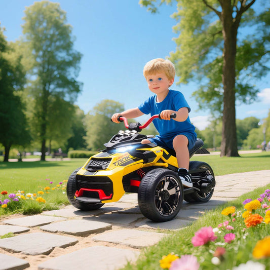 Qaba Kids Ride On Atv, véhicule électrique à batterie 12v 3 roues avec lecteur MP3, musique, klaxon, 2 vitesses, lumières LED, cadeau pour garçons et filles, jaune