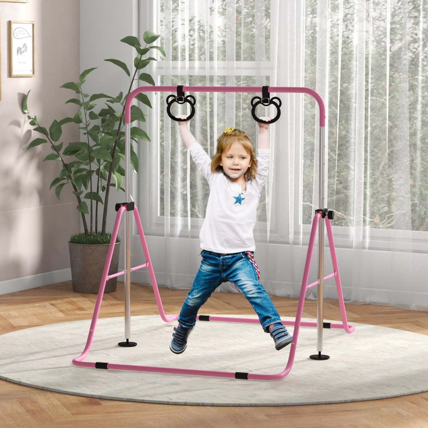 Barre de gymnastique Qaba pour enfants, hauteur réglable de 35 à 50, barre horizontale pliable avec anneaux de gymnastique, anneaux de sol en caoutchouc antidérapants, pour équipement d'entraînement à domicile, rose