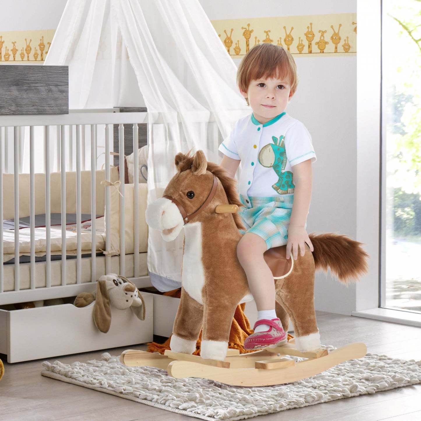 Qaba Cheval à bascule en peluche sur bascules en bois avec sons, base en bois, chaise à bascule pour 3