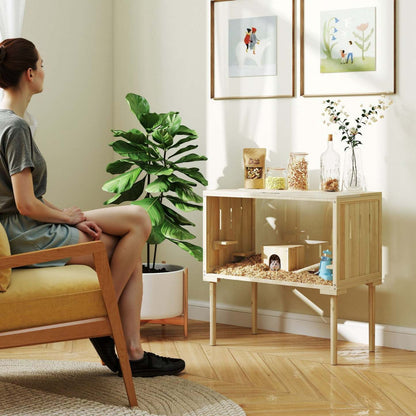 Pawhut Grande Cage à Hamster, Cage en Bois de 28 pouces pour Syrien, Nain, Gerbille, Habitat de Hamster avec Balançoire, Bouteille d'Eau, Gamelle, Cabane, Panneau Transparent pour Observation Facile