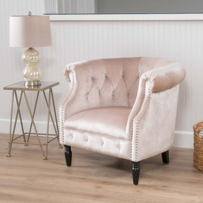 Chaise en tissu velours Akira avec capitonnage à boutons et garniture cloutée - Champagne | Fauteuil Akira En Tissu Velours Avec Capitonnage À Boutons Et Bordure Clouée - Couleur Champagne