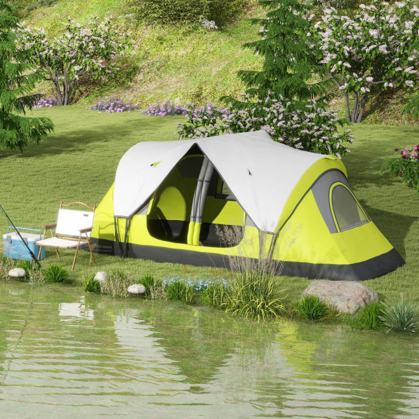 Outsunny Tente De Camping, Tente Pour 6 A 8 Personnes Avec 2 Chambres &amp; Imperméable Rainfly