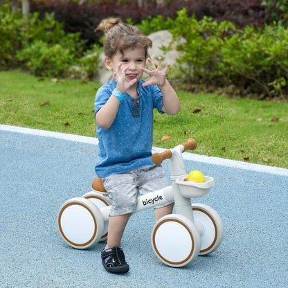 Qaba Baby Balance Bike, vélo d'équilibre pour tout-petits de 12 à 36 mois avec siège réglable, panier amovible, 4 roues silencieuses, vélo sans pédales pour garçons et filles, marron