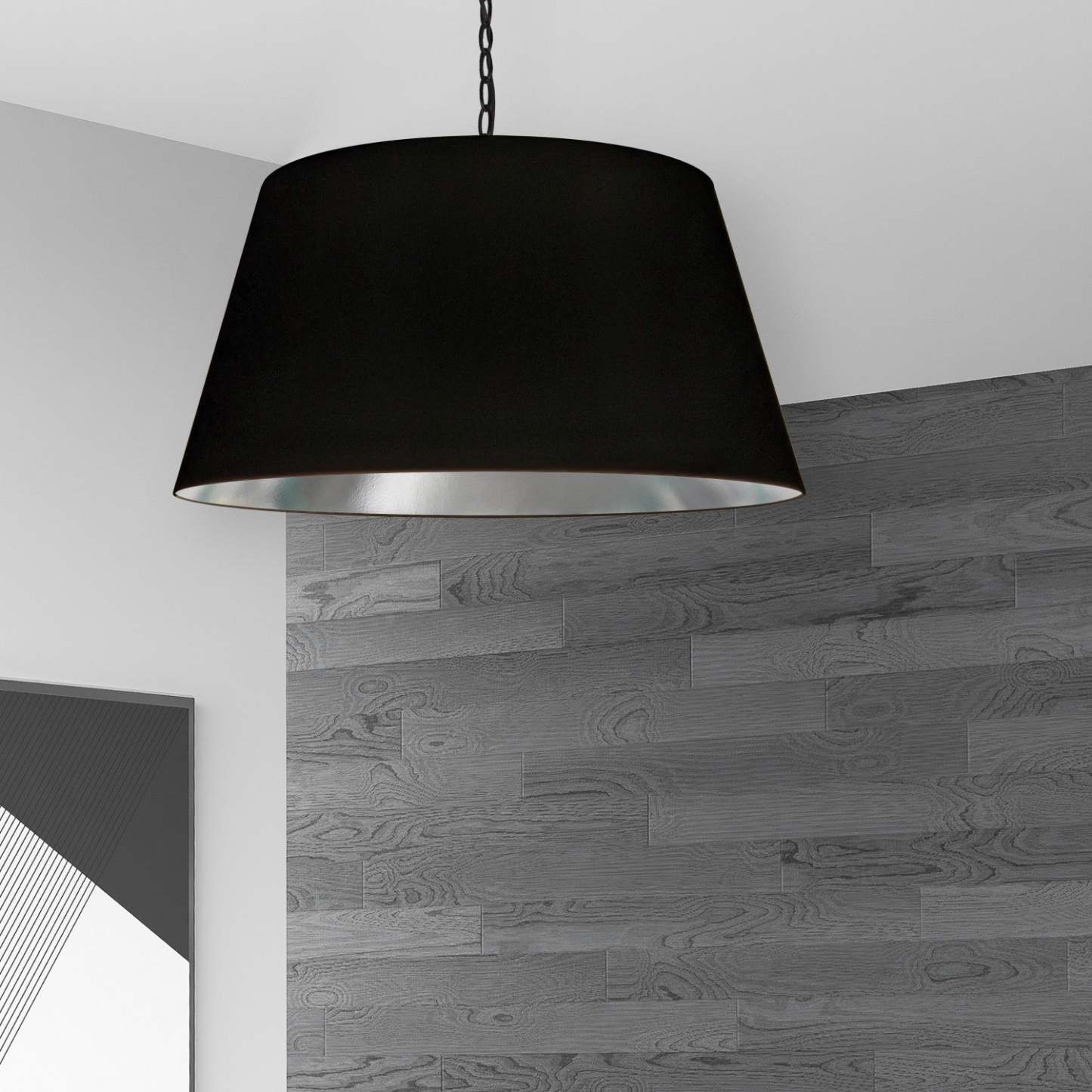 Dainolite Brynn 1 Light Pendant Large Black Finish Black/Silver Shade Lamp|Grand luminaire suspendu Brynn de Dainolite avec abat-jour noir et argenté, fini noir et 1 ampoule