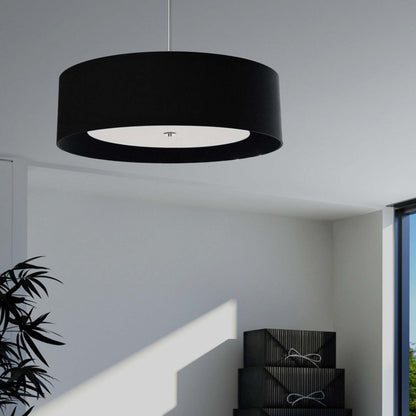 Dainolite Helena 4 Light Pendant 30 Dia Polished Chrome Finish Black Shade White Diffuser Lamp|Luminaire suspendu Helena de Dainolite de 30 po de diamètre avec abat-jour noir et blanc qui diffuse la lumière, fini chromé poli et 4 ampoules