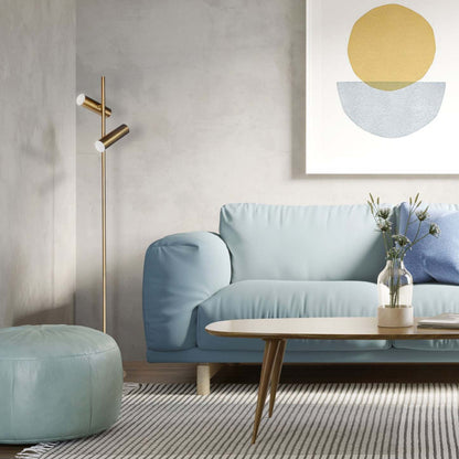 Dainolite Constance Lampadaire 12w Laiton Vieilli Givré Acrylique Diffuseur|Lampe à pied Constance de Dainolite en acrylique givré qui diffuse la lumière, avec fini laiton vieilli et ampoule de 12 W