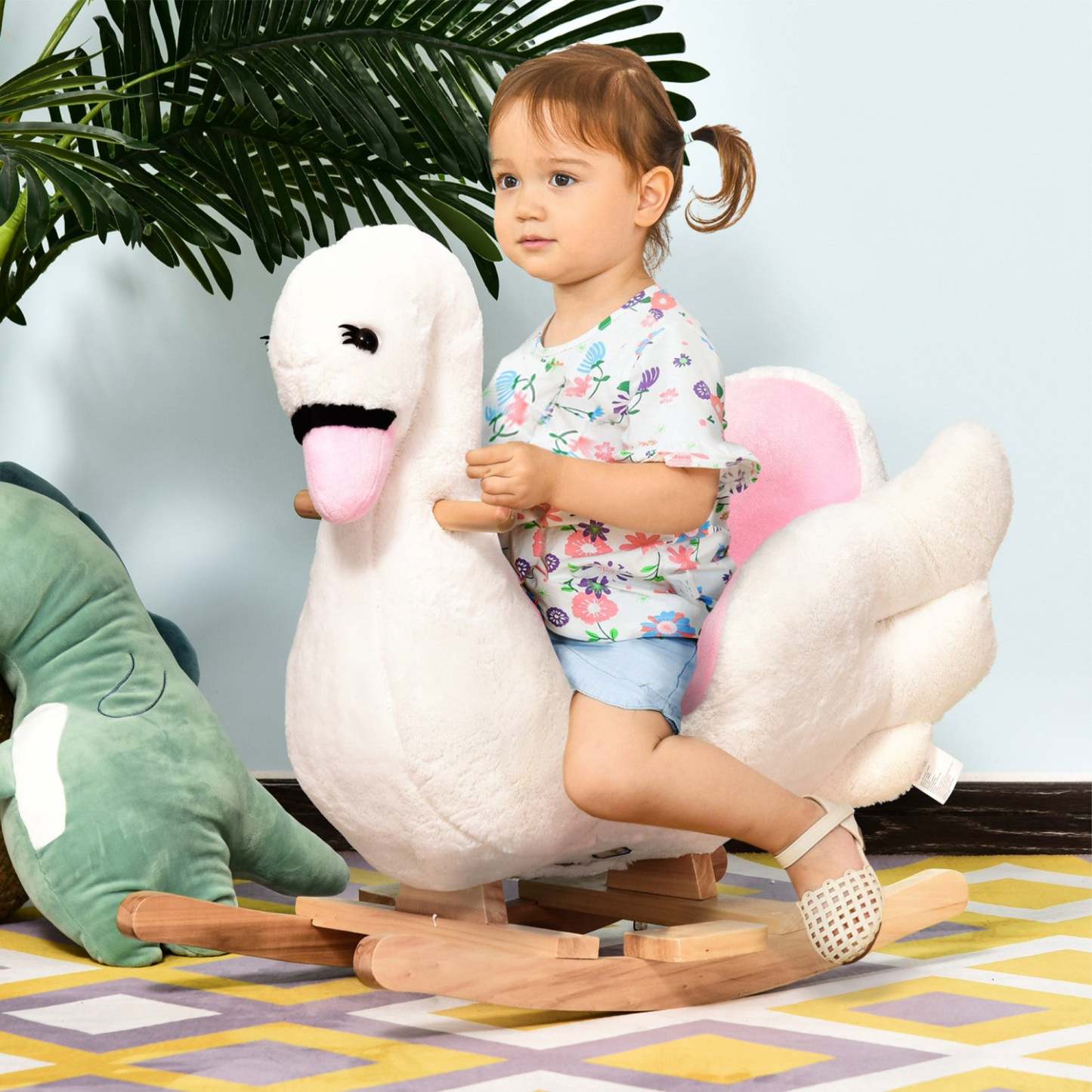 Qaba Cheval à Bascule Enfant En Peluche Doux Enfants Jouet Cygne Style Avec Berceuse Blanc