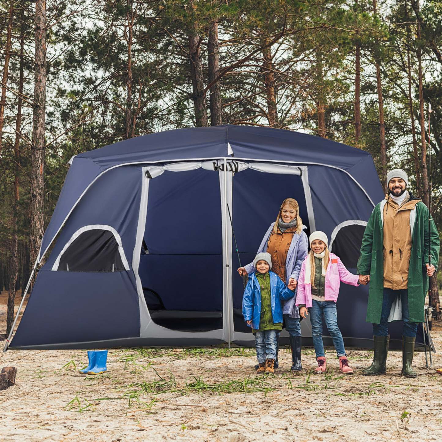 Outsunny Tente De Camping, Tente Familiale 4-8 Personnes, 2 Pièces, Avec De Grandes Fenêtres En Mail