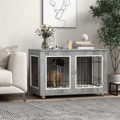 Pawhut Table D'appoint Cage Pour Animal Domestique Avec Coussin Doux, Cage A Double Porte Pour Chien