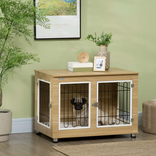 Pawhut Table D'appoint Pour Animal Domestique Avec Coussin Moelleux, Meubles De Cage Pour Chien À Deux Portes Pour Chiens Moyens Et Grands