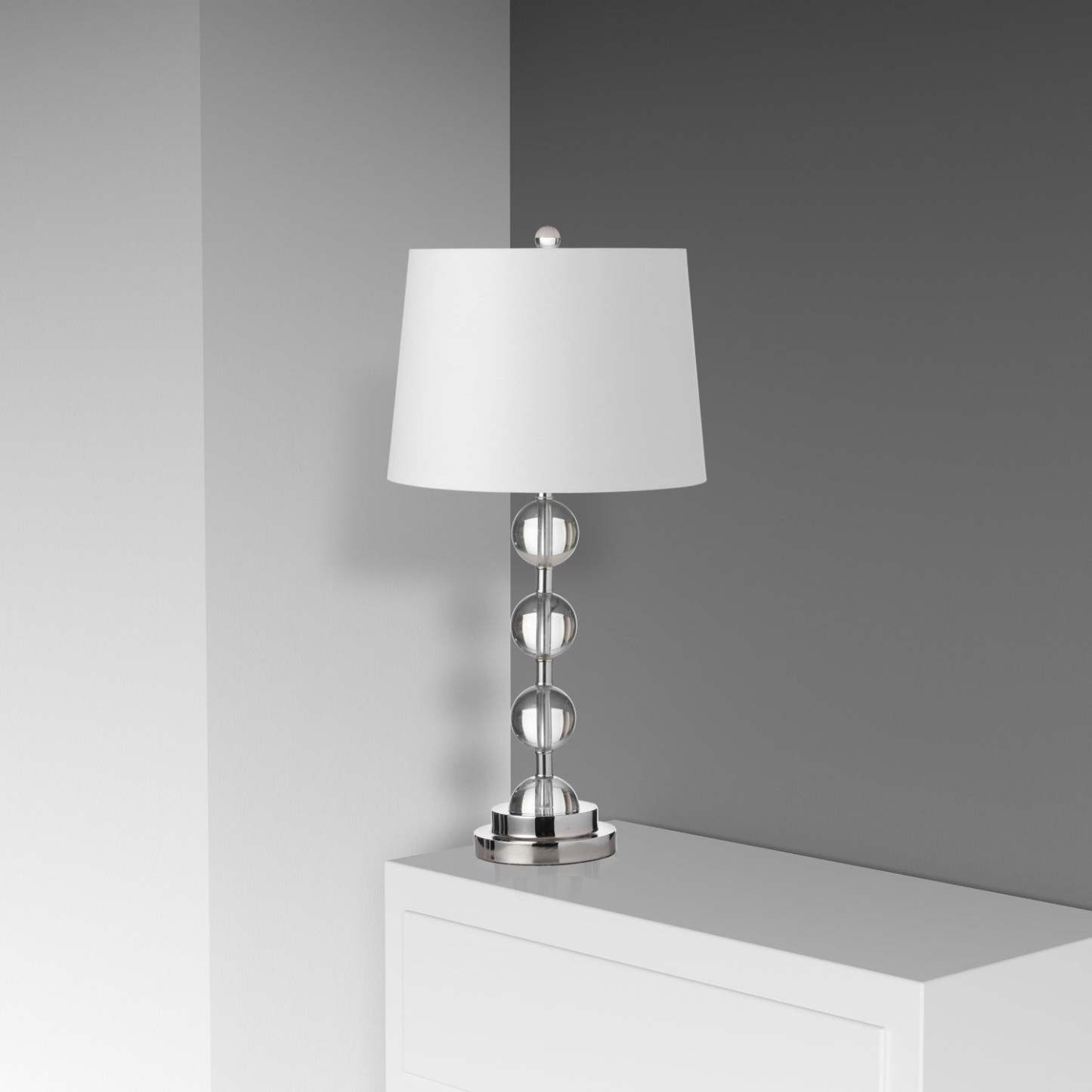 Lampe de table Crystal de Dainolite en forme de boule de cristal, avec abat-jour blanc, fini chromé poli et 1 ampoule