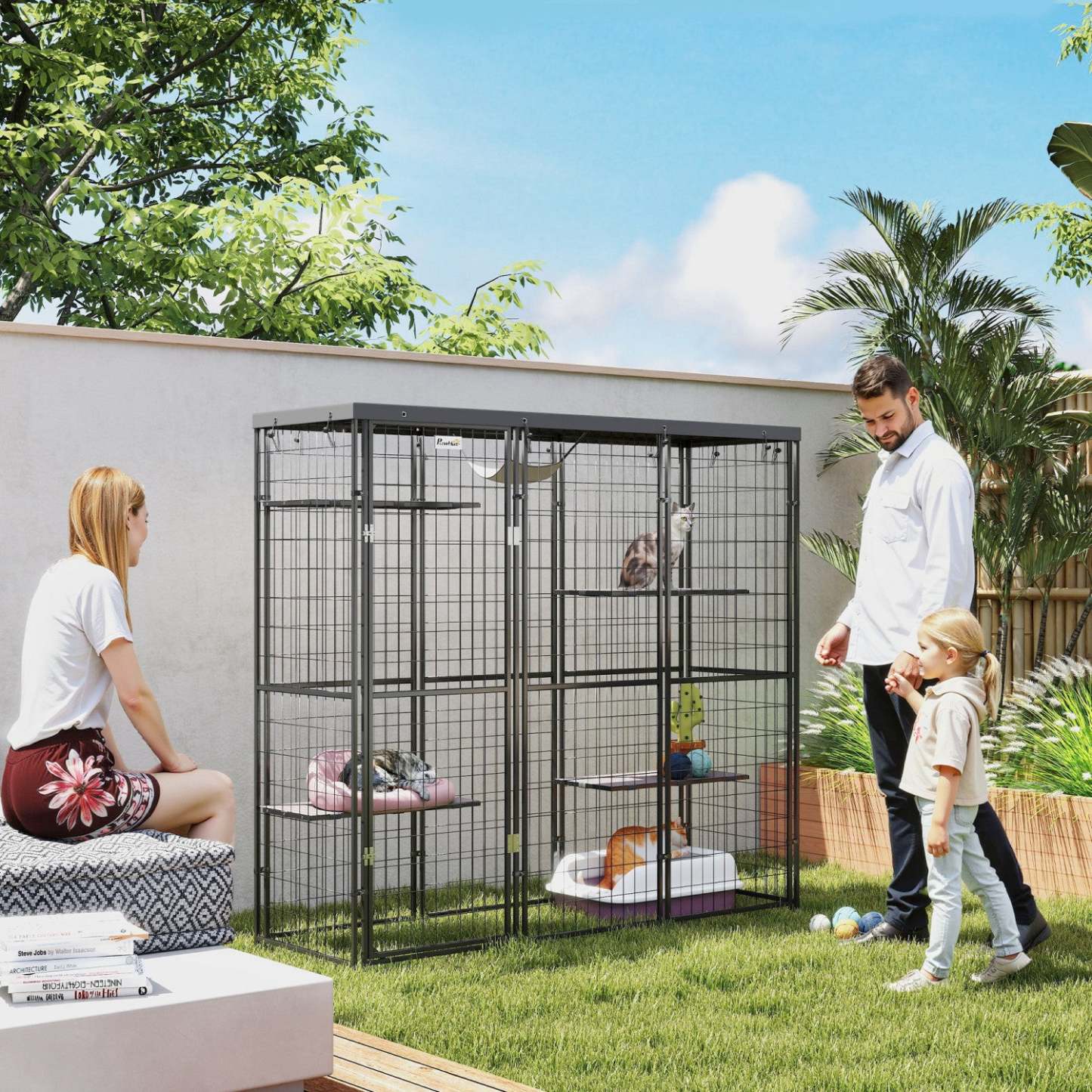 Pawhut Catio Enclos extérieur pour chats, Maison pour chats en fil soudé avec couverture imperméable, 4 plateformes de saut, hamac, cage pour chats d'intérieur pour 1 à 3 chatons, 69 X 22 X 62, Noir