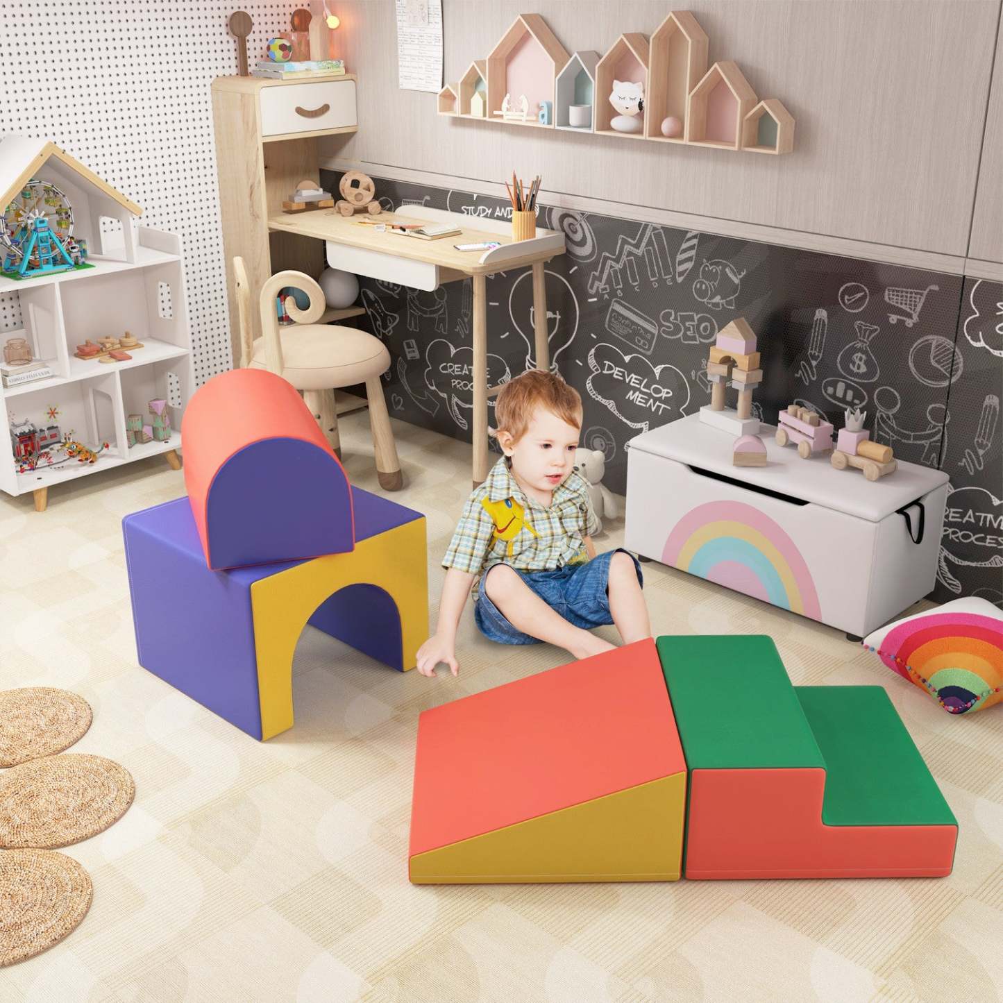 Qaba Blocs d'escalade en mousse pour tout-petits, ensemble de jeu modulaire pour bébés et enfants, équipement de jeu doux | Qaba Ensemble de jeu en mousse pour tout-petits et enfants, 4 pièces faciles à nettoyer, douces et sûres