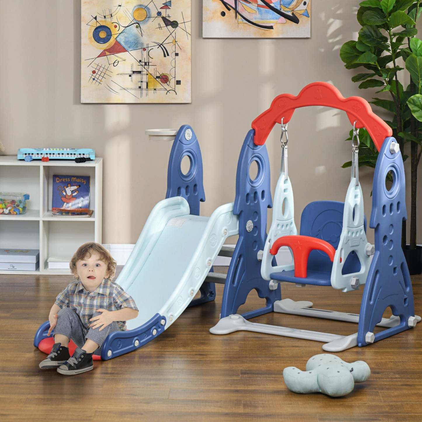 Qaba Ensemble Toboggan Et Balancoire Pour Enfants 3 En 1, Aire De Jeux Interieur Avec Panier De Bas