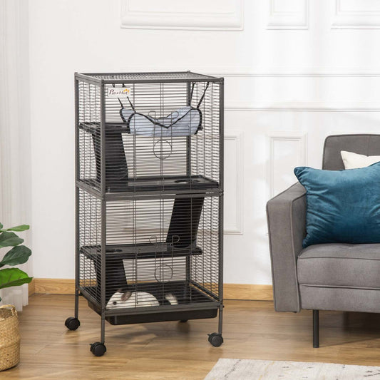 Pawhut Cage à Roulettes 4 Niveaux pour Petits Animaux, Maison de Jeu pour Animaux de Compagnie avec Hamac | Cage Portable pour Petits Animaux avec 2 Portes, Hamac Métal Pp 52 X 52 X 113,5 Cm Gris