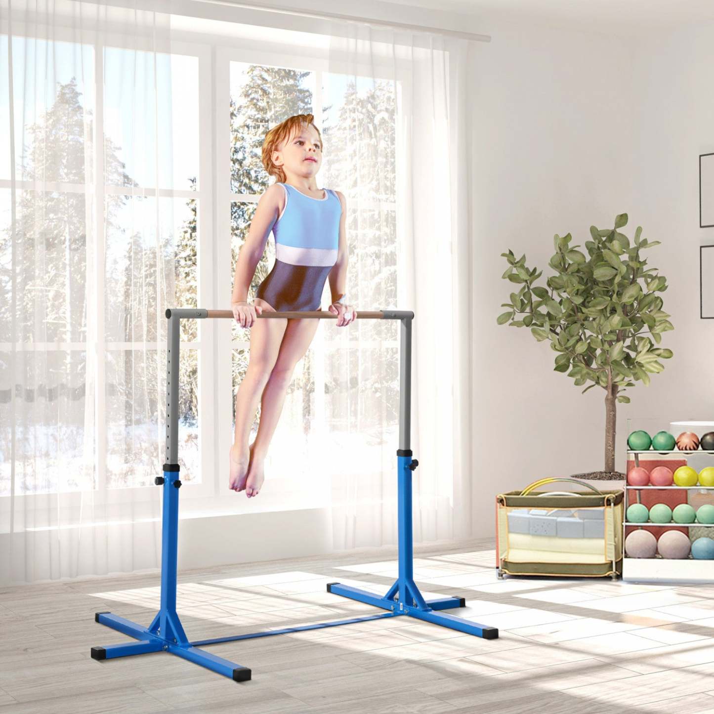 Barre de gymnastique professionnelle Soozier pour enfants, équipement de gymnastique à domicile pour tout-petits avec hauteur réglable sur 13 niveaux, fitness en salle de sport, bleu