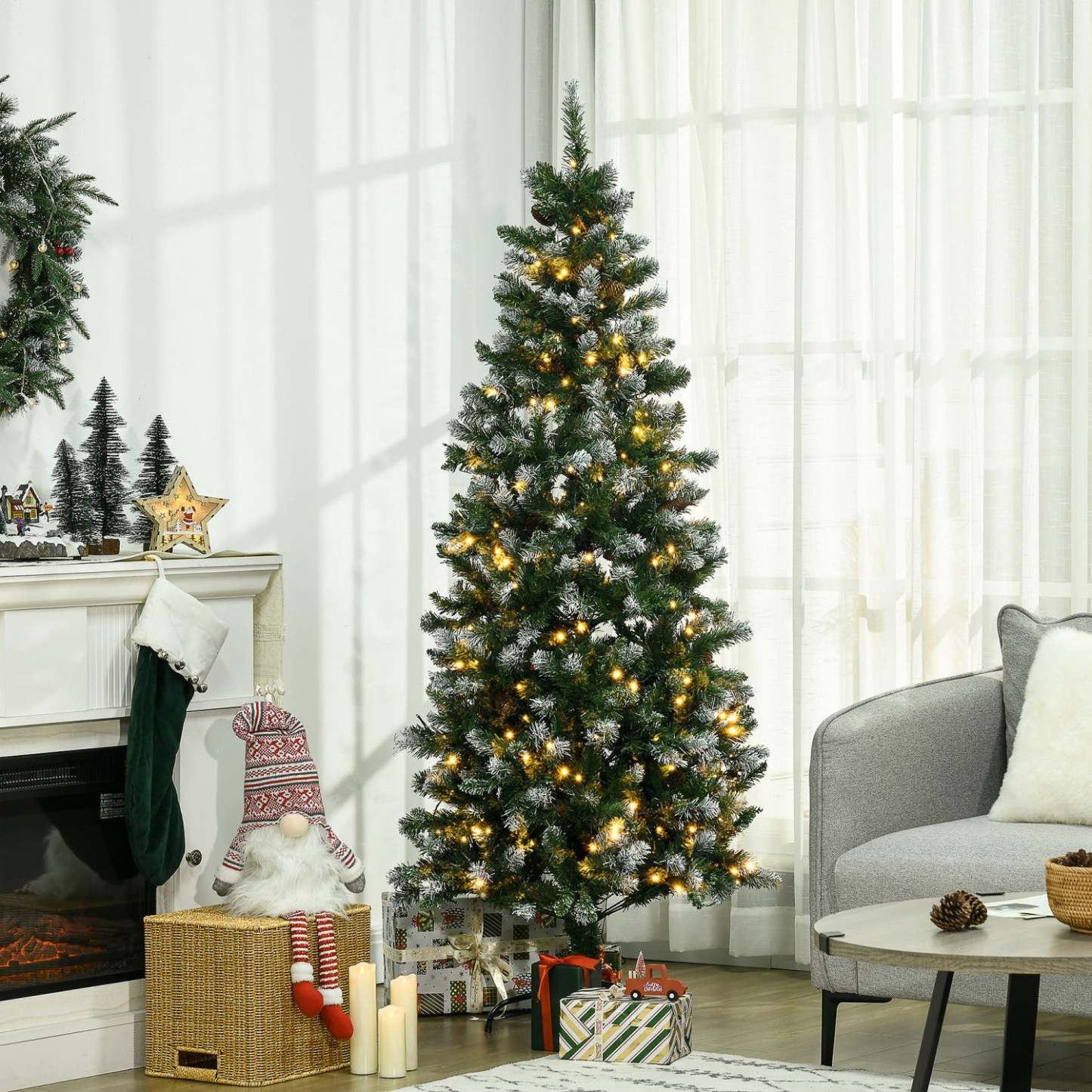 Homcom 6' Skinny Prelit Artificial Christmas Tree With Snow-dipped Tips|Homcom Arbre De Noël Artificiel Pré-éclairé De 6pi, Pointes Enneigées