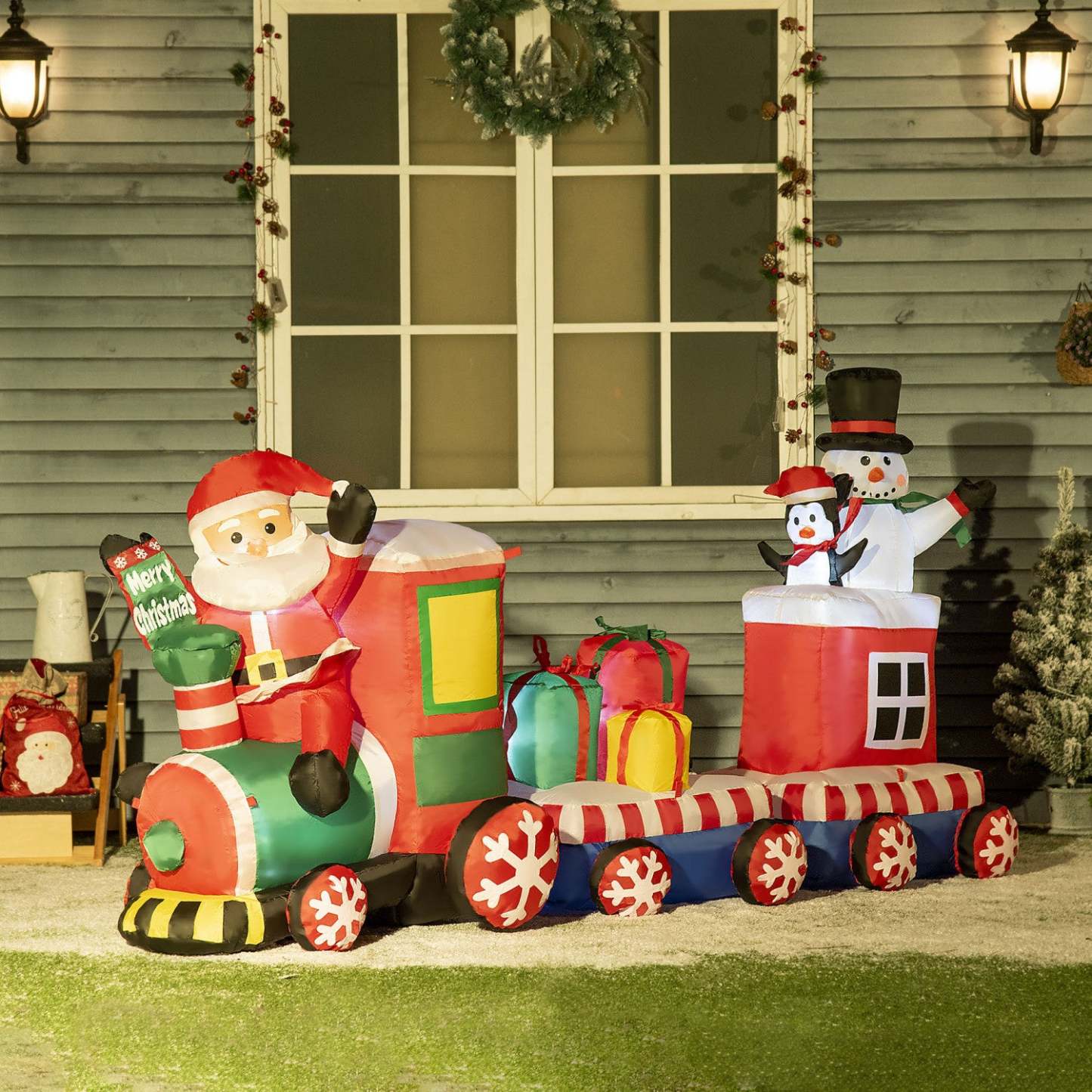 Outsunny 8' Gonflable Christmas Train W/ Santa Claus Snowman Penguin|Outsunny Train de Noël Gonflable avec Pingouin Bonhomme de Neige