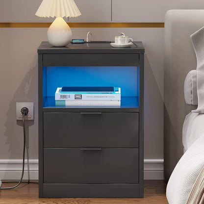 Table de chevet à 2 tiroirs avec éclairage LED et station de recharge sans fil. Étagère coulissante.