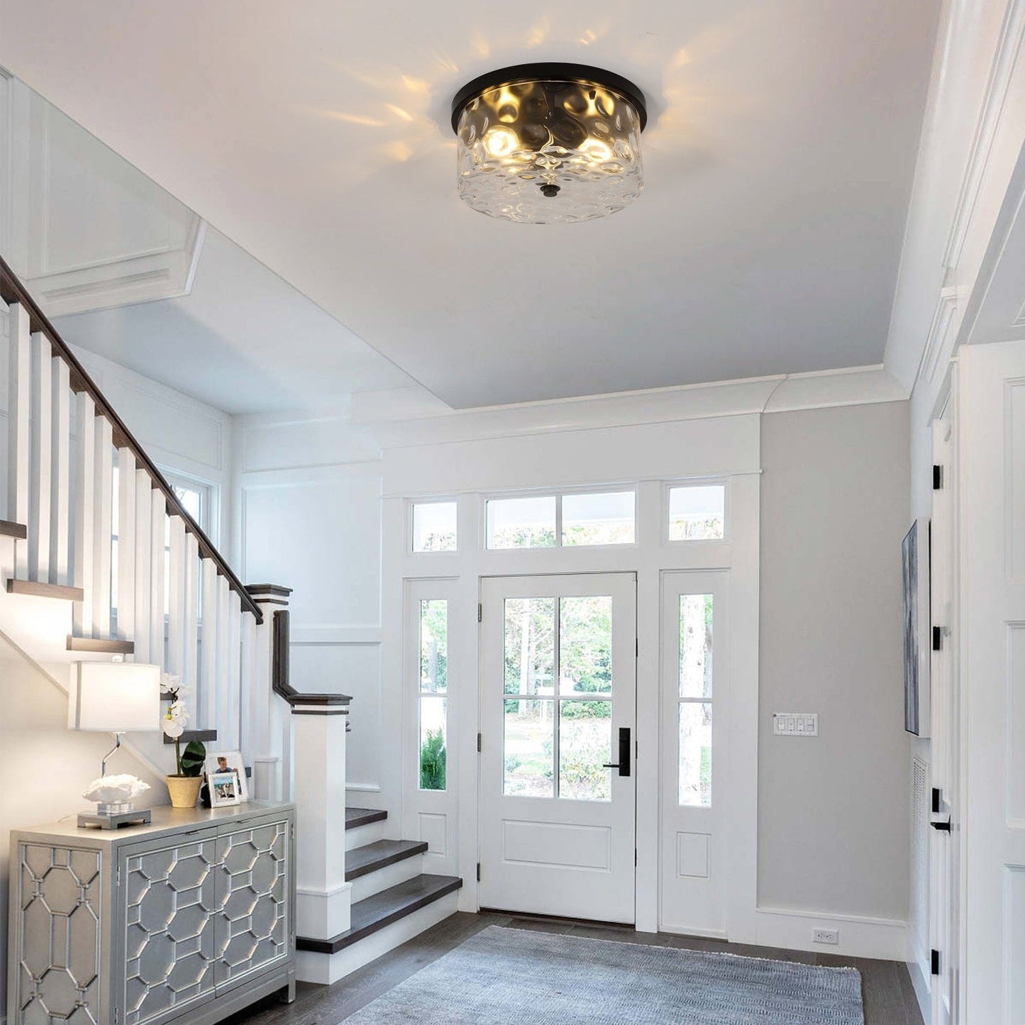 Plafonnier encastré à 2 lumières avec verre martelé transparent