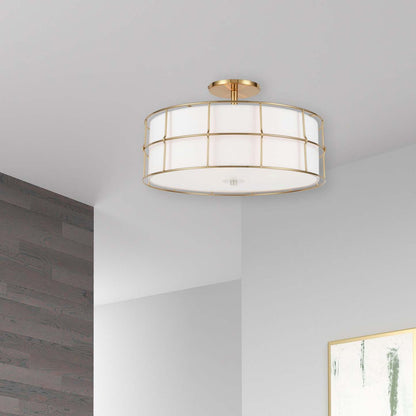 Dainolite Alcala 3 Light Semi-flush Mount Aged Brass Finish White Shade Lamp|Plafonnier semi-affleuré Alcala de Dainolite avec abat-jour blanc, fini laiton vieilli et 3 ampoules