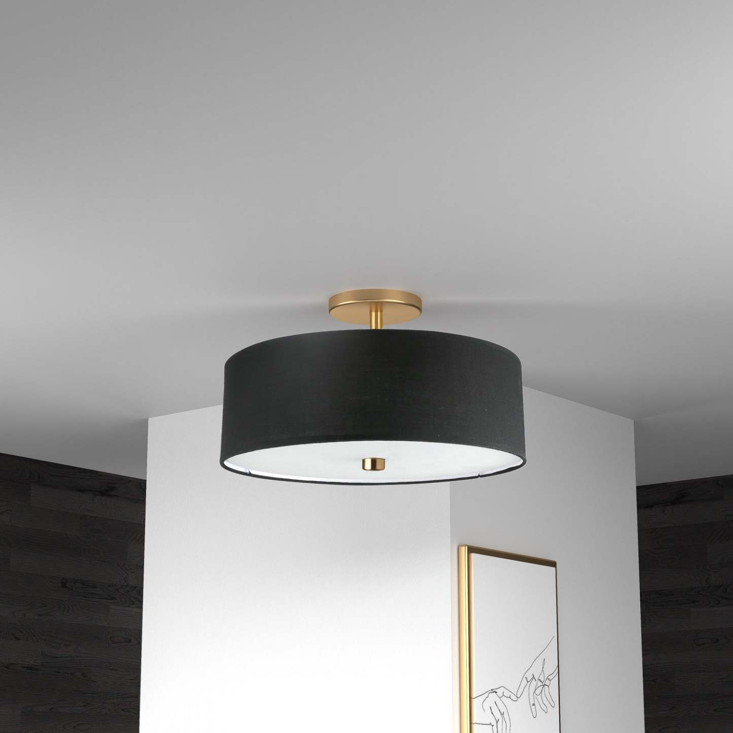Dainolite Everly 3 Light Semi-flush Mount Aged Brass Black Shade Lamp|Plafonnier semi-affleuré Everly de Dainolite avec abat-jour noir, fini laiton vieilli et 3 ampoules