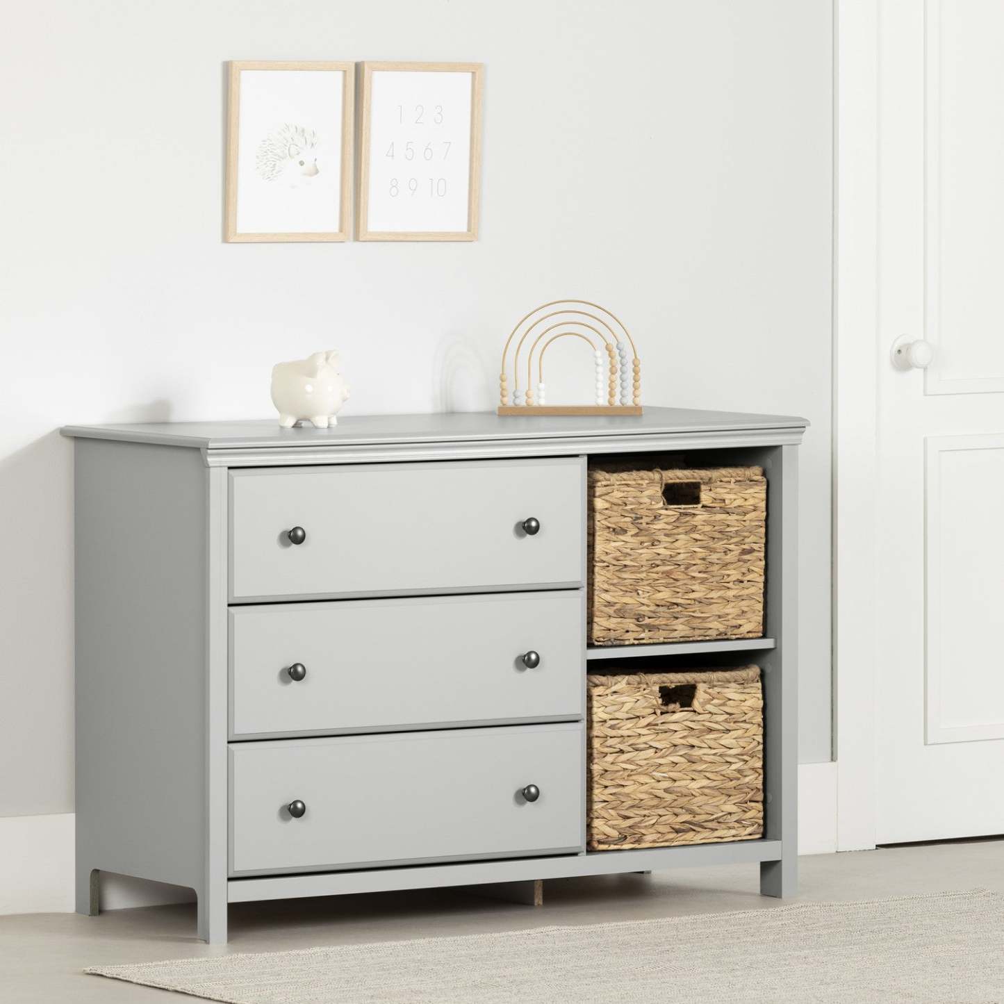 Cotton Candy 3-drawer Dresser With Storage Baskets - Soft Gray | Cotton Candy Commode 3 Tiroirs Avec Paniers De Rangement - Gris Clair