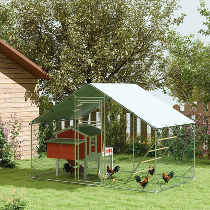 Pawhut Enclos à Poules, Grand Poulailler en Métal avec Porte d'Alimentation, Couverture Imperméable et Résistante aux UV, Mangeoire Suspendue, Perchoir, Cage à Volaille pour Extérieur, Jardin, Ferme, Pour 6-8 Volatiles