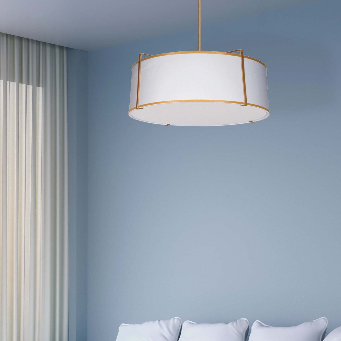 Dainolite Trapezoid 4 Light Pendant Drum Gold/White Shade White Fabric Diffuser Gold Lamp|Luminaire suspendu Trapezoid de Dainolite avec abat-jour cylindrique doré et blanc qui diffuse la lumière, tissu blanc, fini doré et 4 ampoules